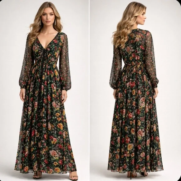 J.Crew Tie Front Lurex Floral Maxi Dress Boho Long Sleeve Romantic Size XL - Picture 1 of 11